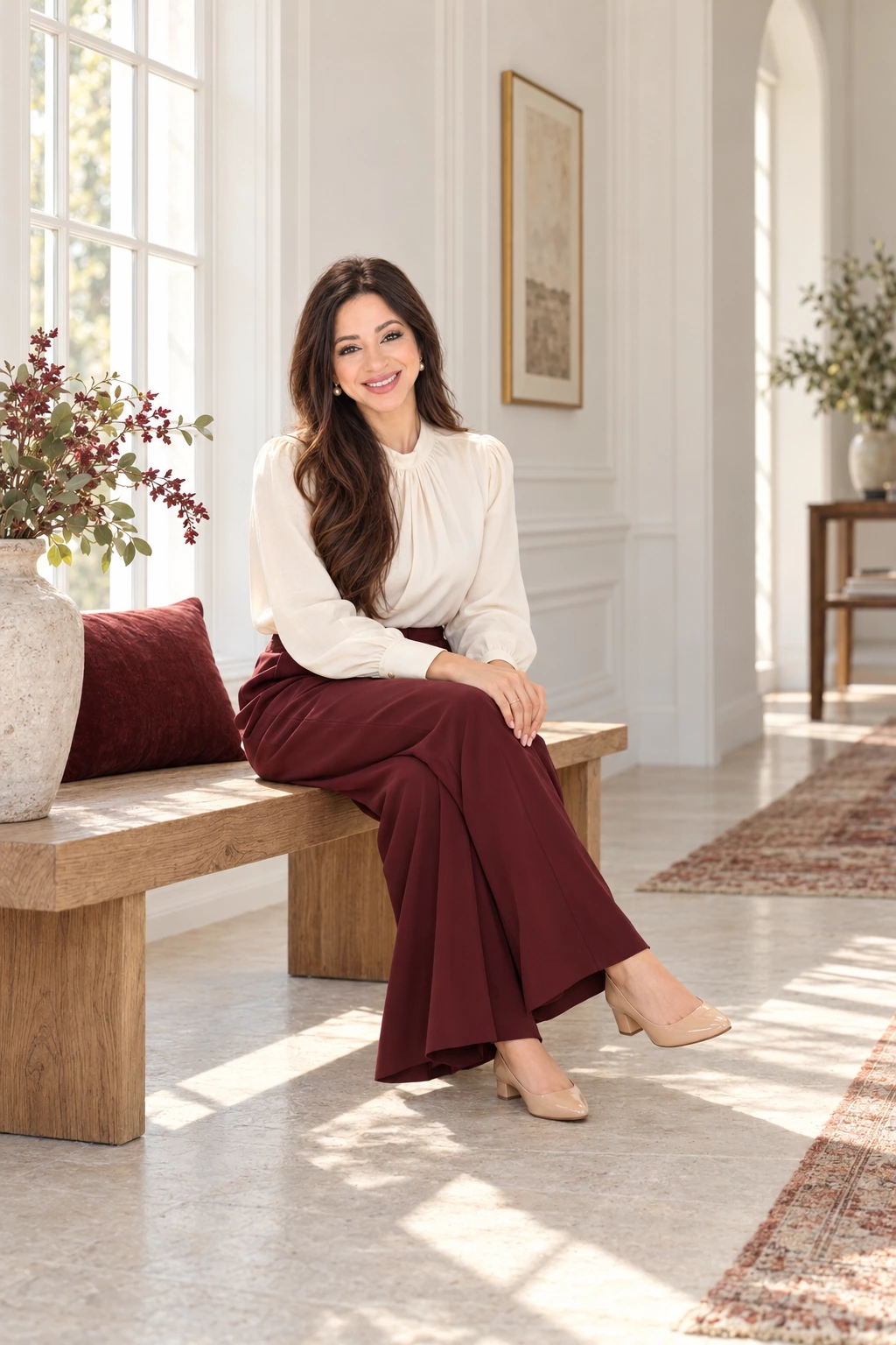 Anna Moraes de blusa branca e saia burgundy, sentada com as pernas cruzadas junto à janela