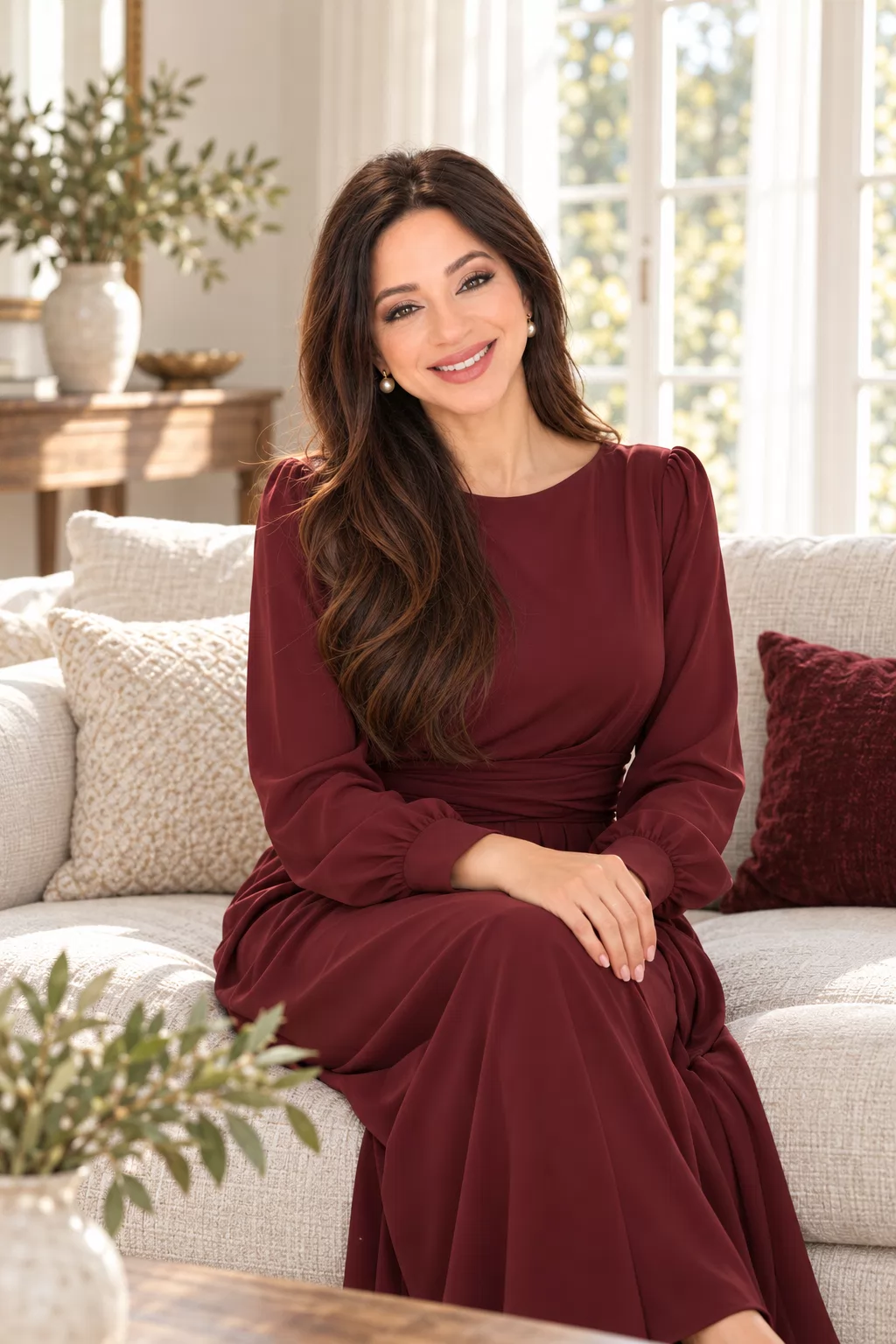 Anna Moraes de vestido burgundy, sentada na sala em imagem editorial.