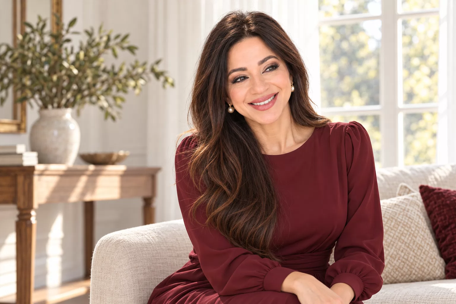 Anna Moraes sorrindo junto à janela em imagem editorial.